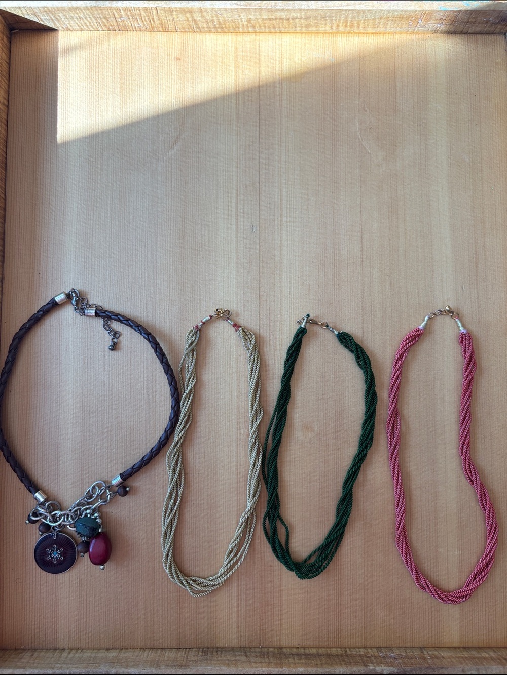 4 Pc Corded Necklace Bundle Boho Multi Strand Coral Green Neutral 14–16”
